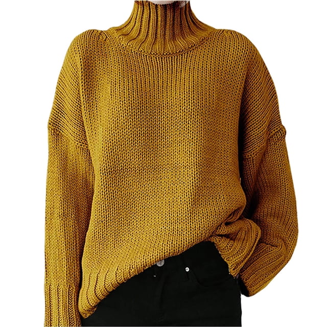 EGNMCR Chandails pour Femmes Mode Femmes Manches Longues Unies Chandail Col Roulé Décontracté Hauts