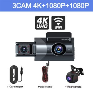 Tigebraver 3 Canal Dash Cam Avant et arrière intérieur Wifi Dash Caméra de voiture avec 24h Mode de stationnement Black Box Enregistreur vidéo Dashcam