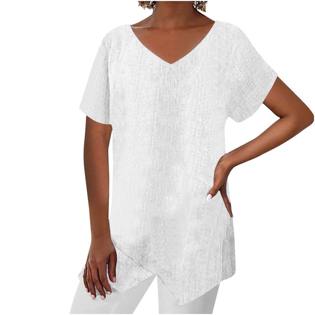 Timegard Tops for Women Cotton Linen V Neck Short Sleeve Irregularly Tee Casual Solid Color Lightweight