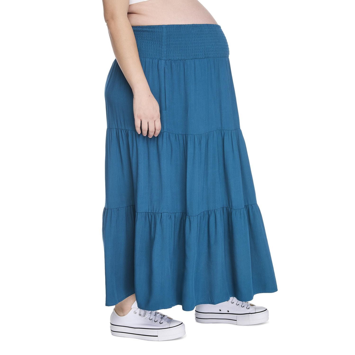 Paisley Sky Maternity Tiered Midi Skirt
