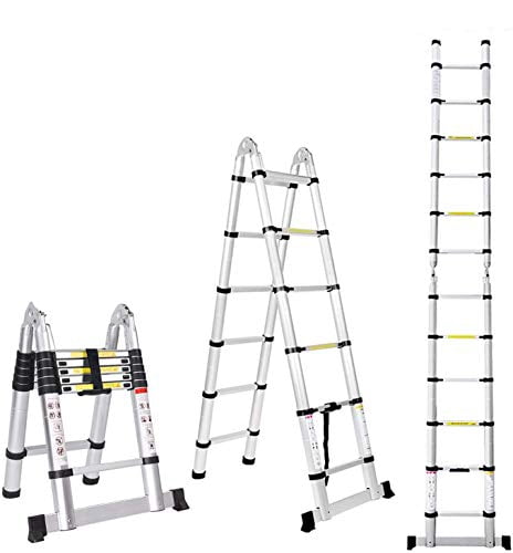 Jiahe12.5FT/3.8M Aluminum Telescoping Extension Ladder Portable Multi-Purpose Folding A-Frame Ladder with Hinges(12.5ft in Straight line and 6.25ft in A-Frame)