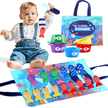 LivinVeluris Montessori Fishing & Stacking Toy for Toddlers 1-3 Years - Counting Game with Velcro Patch Fishing Rod, Colorful Fish & Stacking Bowls-22pieces