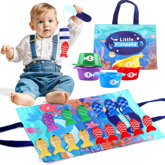 LivinVeluris Montessori Fishing & Stacking Toy for Toddlers 1-3 Years - Counting Game with Velcro Patch Fishing Rod, Colorful Fish & Stacking Bowls-22pieces