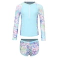thumbnail image 1 of Xnihocha Littl E Big Girls Floral 2 Pcs Rash Guard Sets Zip Neck Swim Shirts With Shorts Swimsuits Light Blue 9Y, 1 of 6