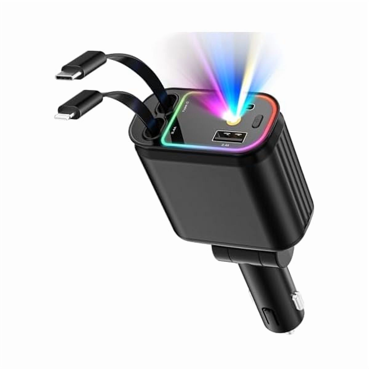 YJJSKEJI Car Charger with Starlight, 66W USB C Fast Car Chargers Adapter, 4 in 1 Retractable Car Charger with 2 USB Ports for iPhone16/15/14/13/12/11 and for Android (Black)