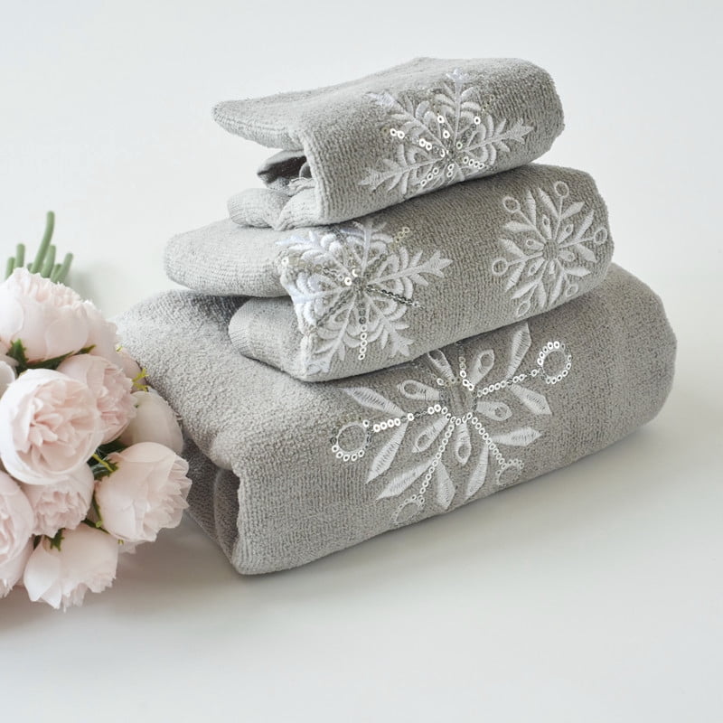 Marina Decoration Xmas Ensemble de Serviettes de Luxe Premium Ultra Doux 100 % Coton Brodé Moderne de Noël 3 Pcs, Motif Flocon de Neige Gris Blanc