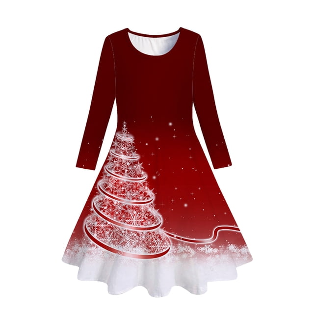 WEAIXIMIUNG Robe Jupe Plissée Mini Enfants Filles Tout-Petits Sapins de Noël Imprimé Cerf Robe de Fête à Manches Longues