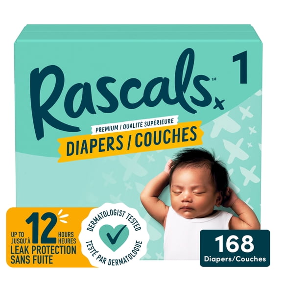 Rascals Premium Absorbent Baby Diapers, Size 1, Carton, 168 Count