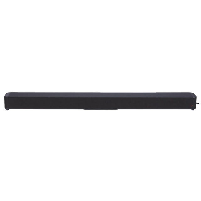 onn. 36 in. Bluetooth 2 Speakers Built-in Subwoofer 2.1 Soundbar System with a slim black rectangular body and mesh grille, featuring a red power indicator on the right end, delivering 240 watts peak power with Dolby Digital Plus support and multiple inputs including Bluetooth, HDMI, Optical, USB, and AUX, ideal for enhancing home audio and suitable for streaming from various devices.