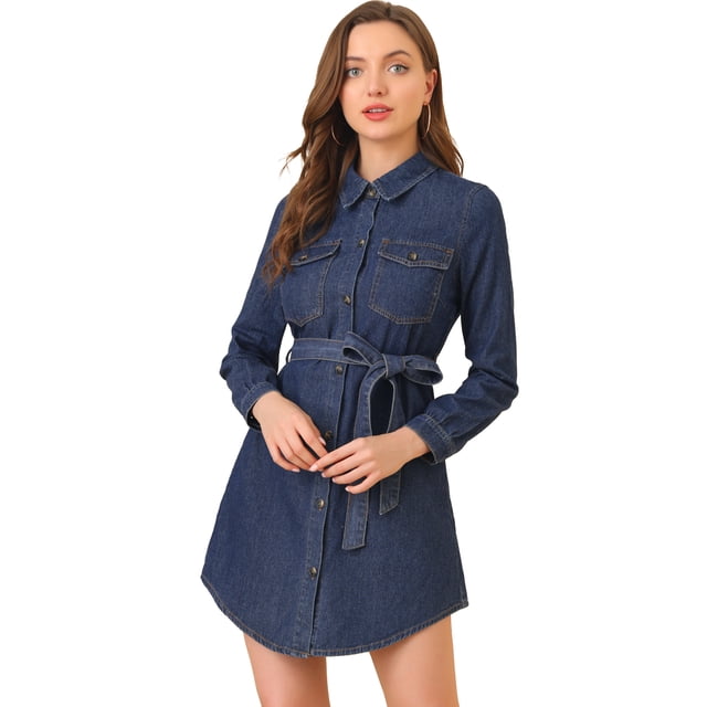 INSPIRE CHIC Women's Belted Long Sleeves Button Front Denim Shirt Dress