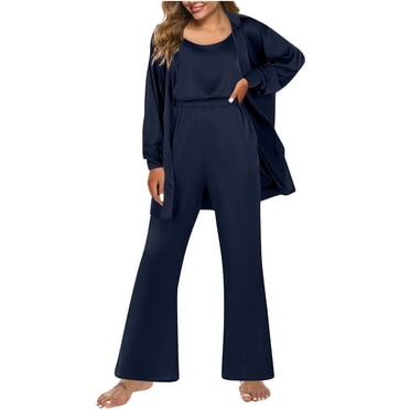 Timegard Women 3 Piece Satin Pajamas Sets Long Sleeve Open Front Jackets Camisole Tops Elastic Waist Wide Leg Pants Loungewear Outfits