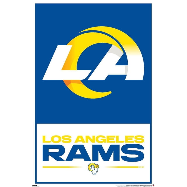 NFL Los Angeles Rams - Affiche Murale Logo 21, 22,375 Pouces x 34 Pouces Encadrée avec un design Centré Orienté vers l'Avant sur un Fond Bleu, Présentant un Grand Corne de Bélier Jaune Courbant Autour de Lettres « LA » Blanches, et une section Inférieure Blanche Affichant « Los Angeles » en Jaune au-Dessus du Texte « Rams » Bleu Audacieux avec un Petit Logo de Tête de Bélier et des Lignes d'Accent Jaunes, Idéale pour une Oeuvre