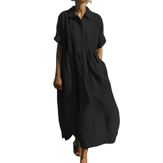 Kyusrd Robe en Lin pour Femmes à Manches Courtes Robe d'Été Robe Longue de Plage Col Ras du Cou Ample à Demi-Manches Robe Maxi Unie