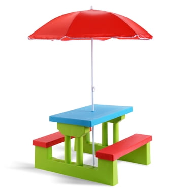Costway Table de Pique-Nique pour Enfants à 4 Places avec Parasol Banc de Jardin et de Cour Extérieur