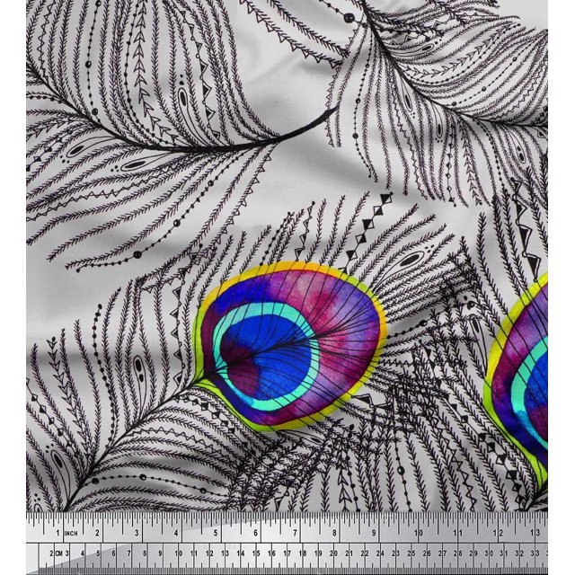 Soimoi polyester Crepe Fabric Peacock Feather Print Sewing Fabric Yard 42 Inch Wide