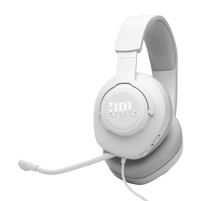 JBL Quantum 100M2 Wired over-ear gaming headset in white with breathable fabric memory foam ear cushions, padded headband, detachable boom microphone, wired connection, compatible with PS5 accessories and Windows Sonic spatial sound for immersive gameplay.