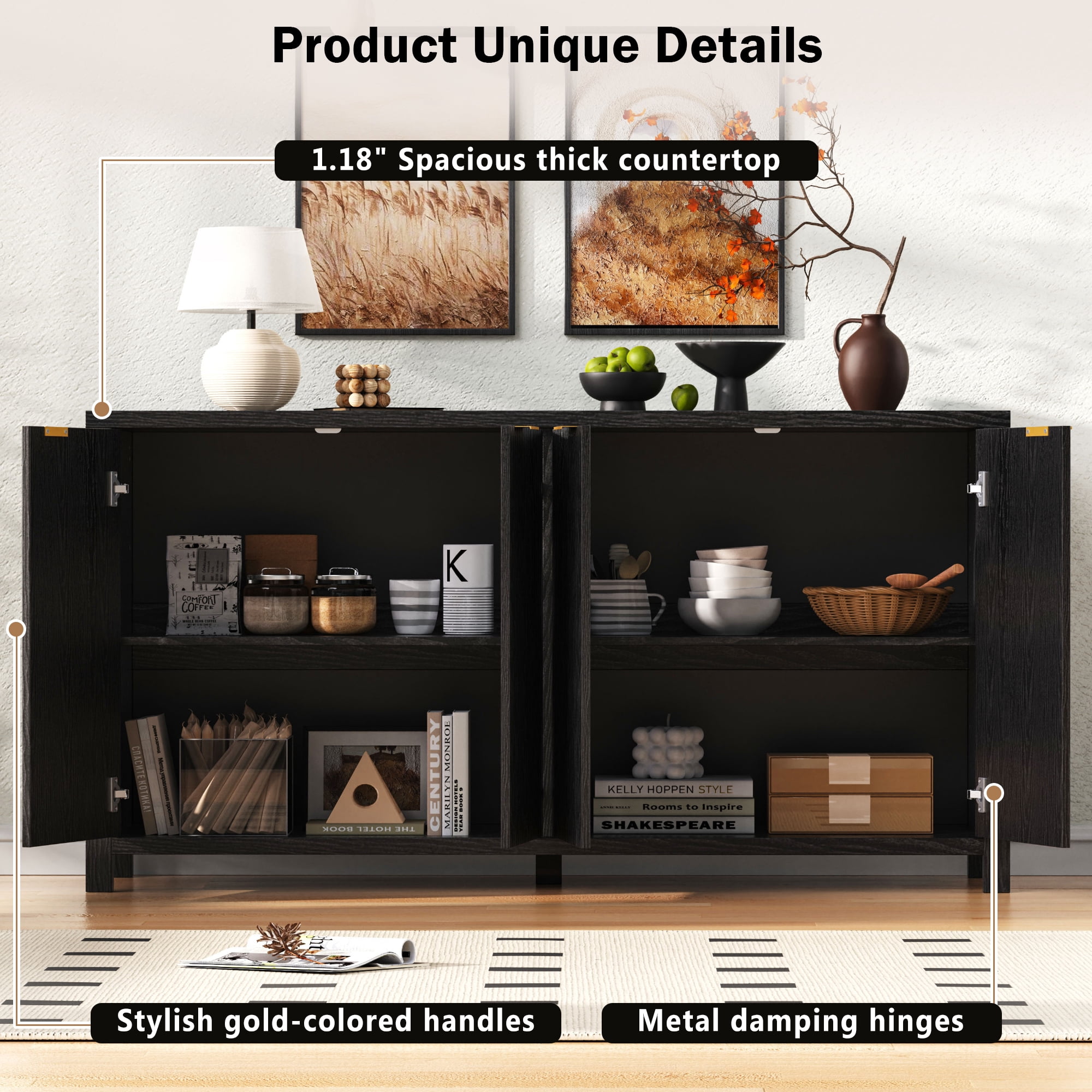 Noble House 55" Fluted Buffet Cabinet,4-Door Farmhouse Accent Storage with Adjustable Shelves for Dining Room,Black