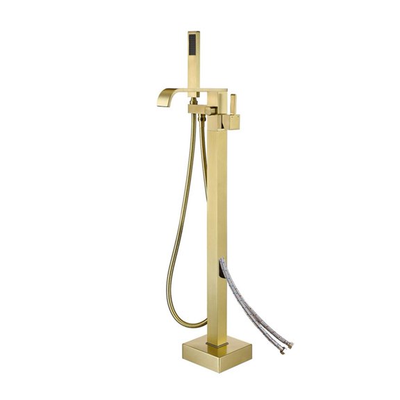 Robinet de Baignoire de Salle de Bain + Douche à Main Autoportante en Or Brossé, Robinet Mélangeur de Luxe pour Baignoire, Monté au Sol, Installation Sans Effort