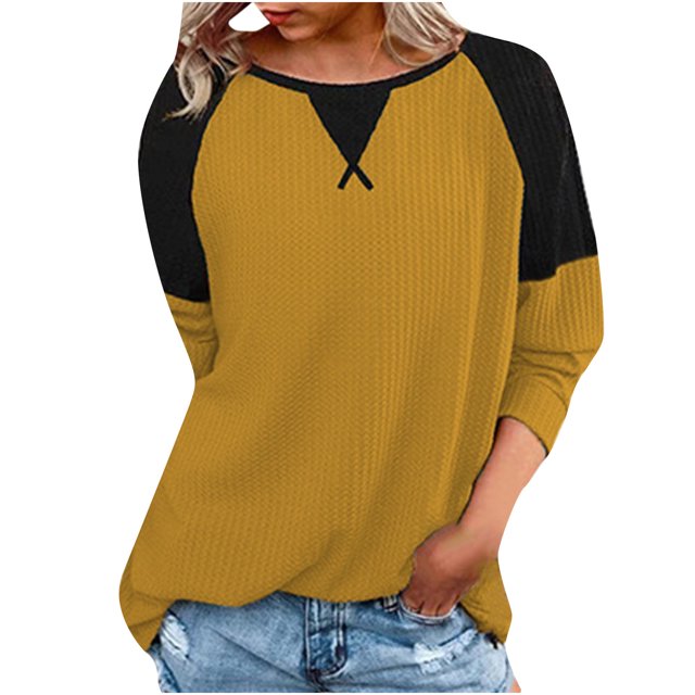 Pompotops Mode T-Shirt d'Été pour Femmes Manches Longues Patchwork Décontracté Blouse