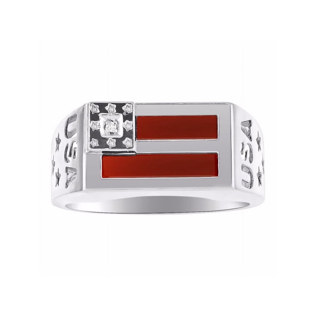 RYLOS Men's Rings 14K White Gold USA Flag Designer Ring With Diamonds and Red Quartz Rings For Men Size 11