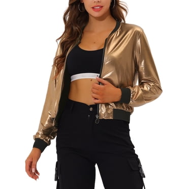 INSPIRE CHIC Women's Halloween Casual Stand Collar Metallic Zip Crop Length Bomber Jacket 3XL Golden Brown