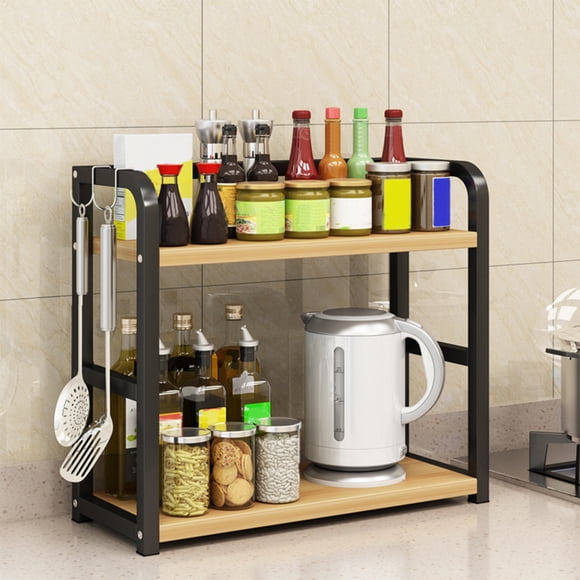 Cagogo under $5 Kitchen Storage Rack, Two Tier Kitchen Storage Rack, Metal and Wood Spice Organizer Shelf, Countertop Pantry Item Holder, Sturdy Space Saving Counter Organizer