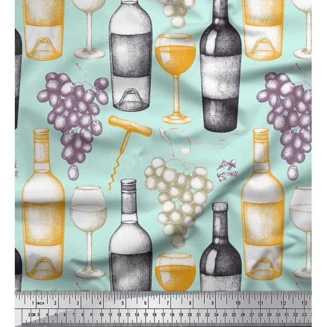 Soimoi Poly Georgette Fabric Grapes,Wine Glass & Bottle Decor Fabric Printed Yard 52 Inch Wide