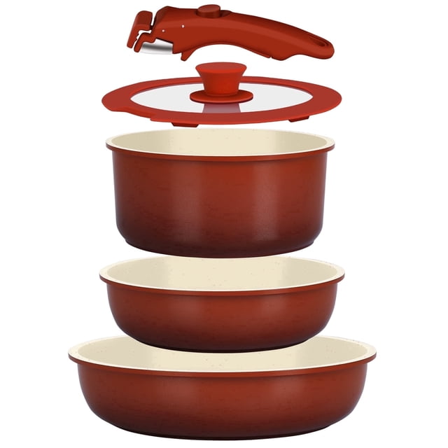 GIPP 5pcs Pots and Pans Set Non Stick,Cookware Sets with Removable Handle, Oven & Dishwasher Safe,Induction Cookware,Kitchen Cooking Set,Red Black Gradient