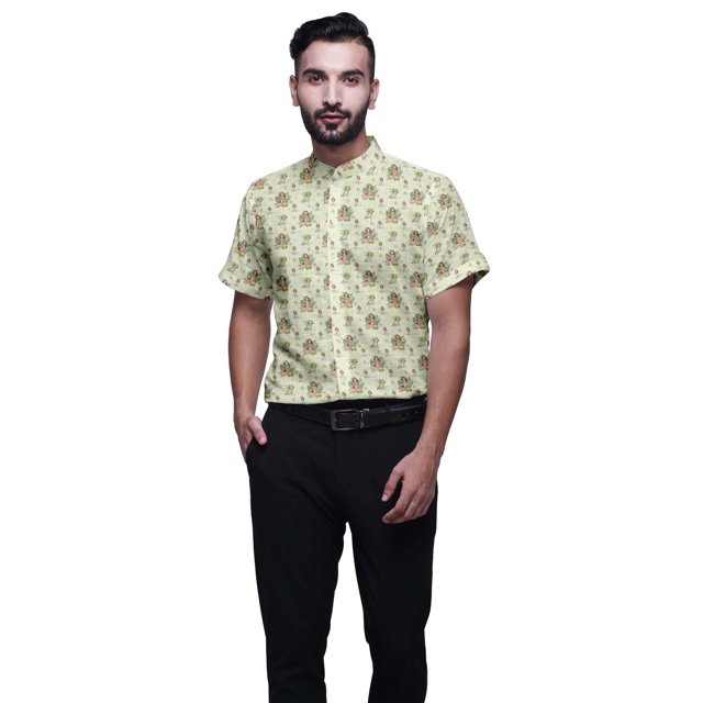 BESTMAN Chemise en Coton pour Hommes à Manches Courtes Imprimée Col Mandarin Chemise Décontractée