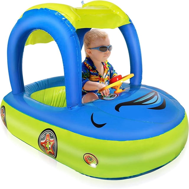 Baby Inflatable Pool Float with Sun Protection in a car-shaped design, featuring a blue and green color scheme. The float includes a UPF 50+ sunshade for UV protection, a padded inflatable seat for comfort, and a steering wheel for added fun. Suitable for toddlers aged 6-36 months, made of durable, leak-proof PVC material. Ideal for pool and outdoor play.
