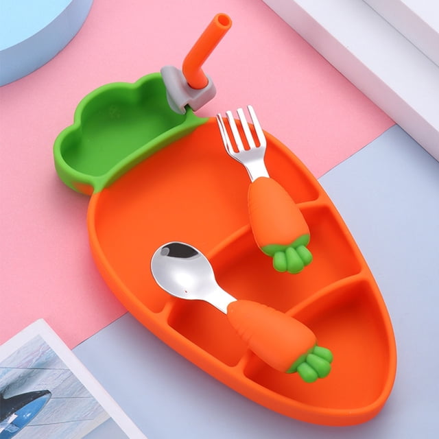 Tableware Child-Friendly Ceramic Plates and Utensils Set for Toddlers Includes Carrot-Shaped Plate Rice Bowl Porcelain Dishes and Stainless Steel Spoons for Everyday Dining