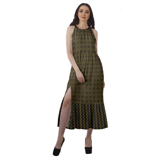 Moomaya Robe Maxi Sans Manches à Col Licou Imprimée avec Fente avant Robe d'Été pour Femme
