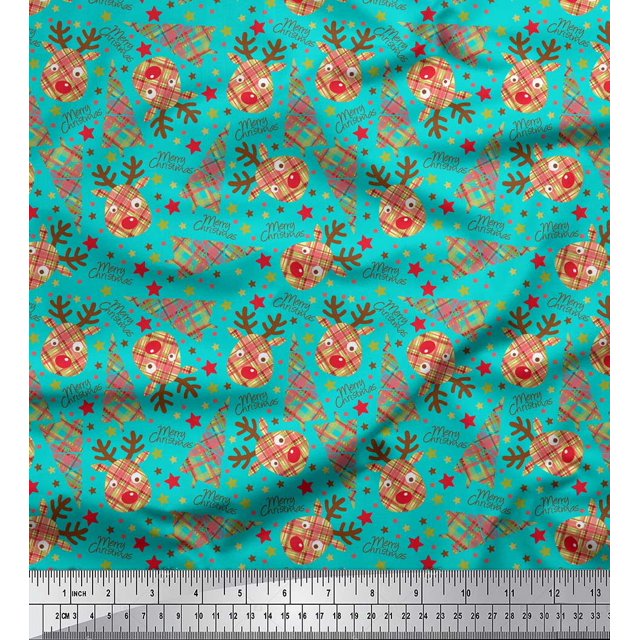 Soimoi Green Poly Georgette Fabric Christmas Theme Party Print Fabric by Yard 52 Inch Wide