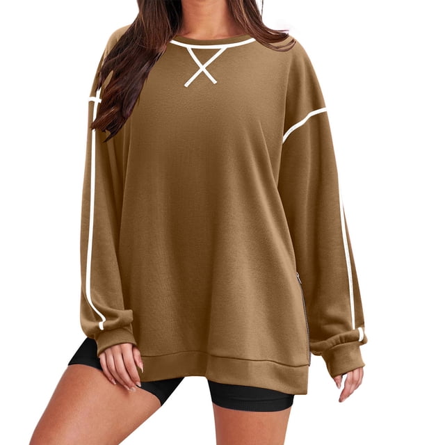 Penkiiy Chandails en Molleton Oversize pour Femmes Manches Longues Col Rond Fermeture Éclair Latérale Chandail Tops Vêtements Tendance Automne 2024 L Café