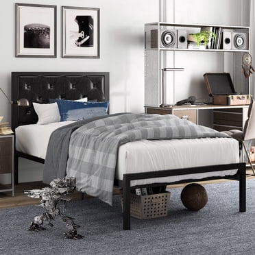 Amolife Twin Size Metal Bed Frame with Faux Leather Upholstered Headboard, Black