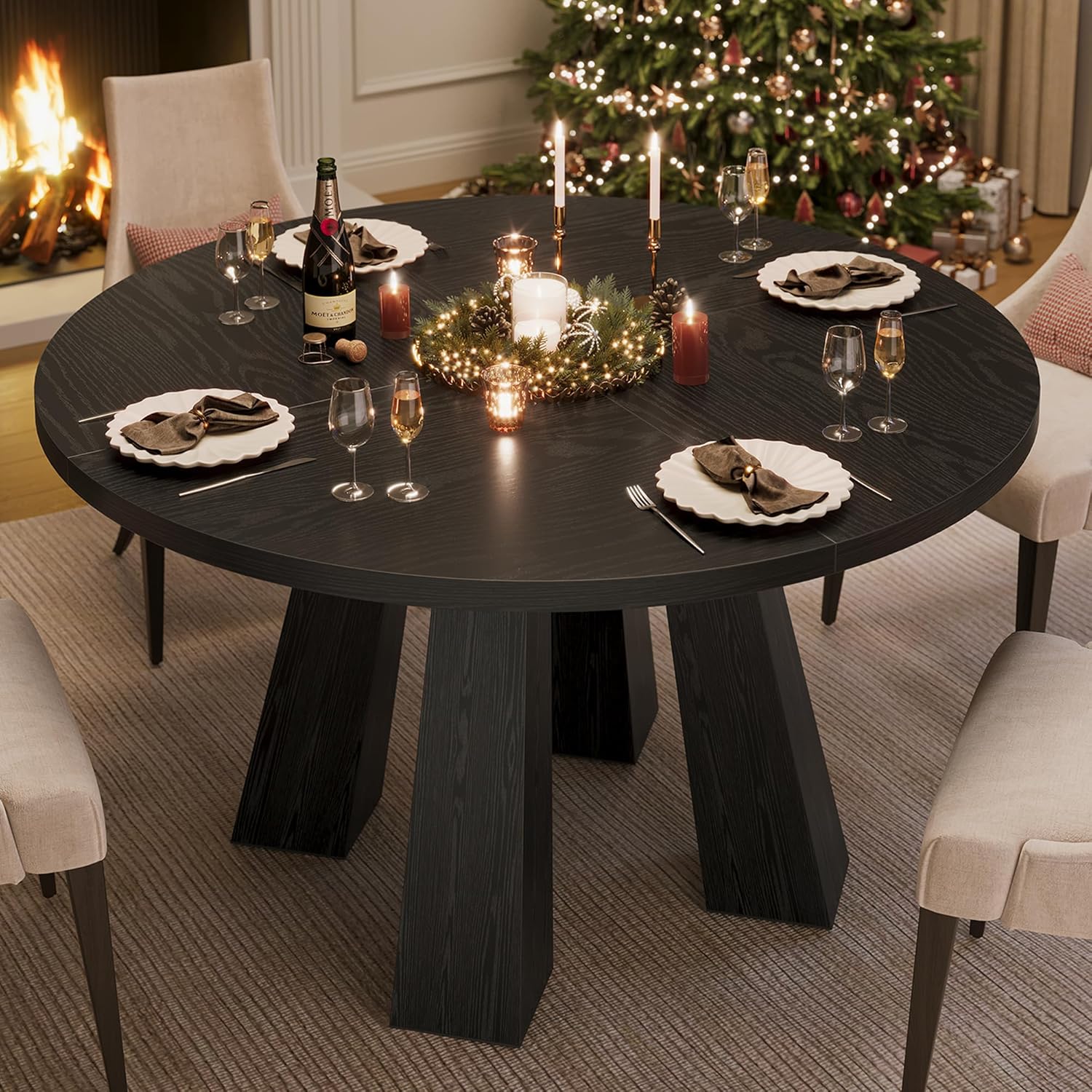 47" Round Dining Table for 4-6, Wood Kitchen Table with Sturdy Base, Farmhouse Circle Dinner Table for Dining Room, Living Room, 4 Strong Legs, Black