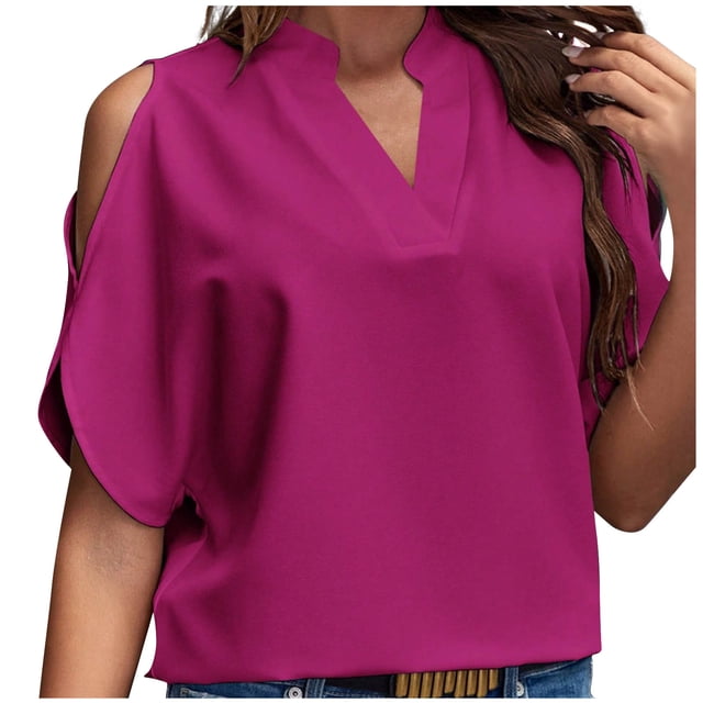 FAIWAD Summer Tops for Women Off The Shoulder V Neck Shirts Solid Color Going Out Blouses