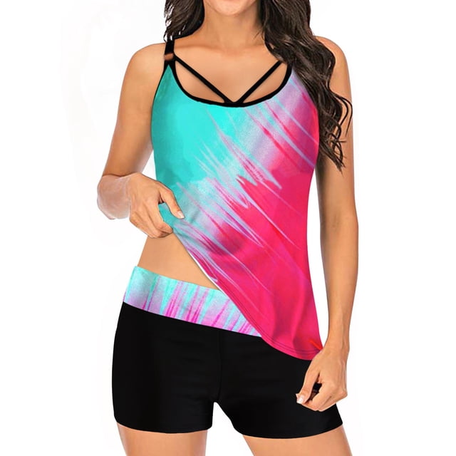Betiyuaoe Women's Tankini Swimsuits Plus Size Print Strappy Back Set Two Piece Swimdress Bathing Suits