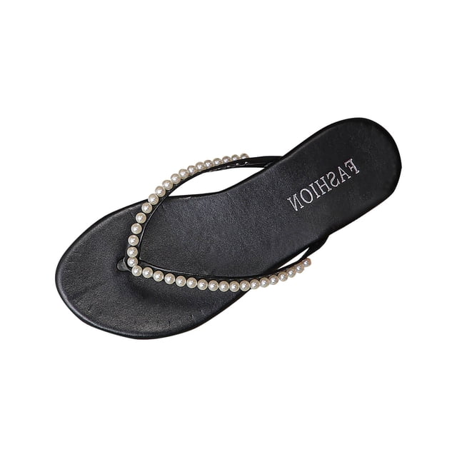 Sandales de Plage pour Femmes Semelle Plate Bride Perlée Sandales Décontractées de Plage d'Été Noir