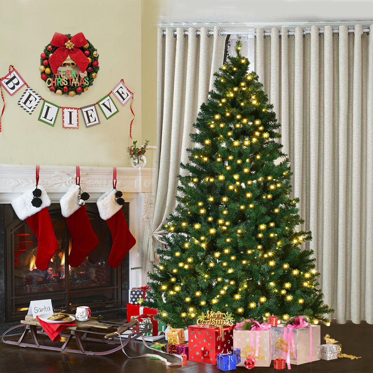 Costway 7Ft Pre-Lit PVC Artificial Christmas Tree Hinged w/ 300 LED Lights & Stand Green