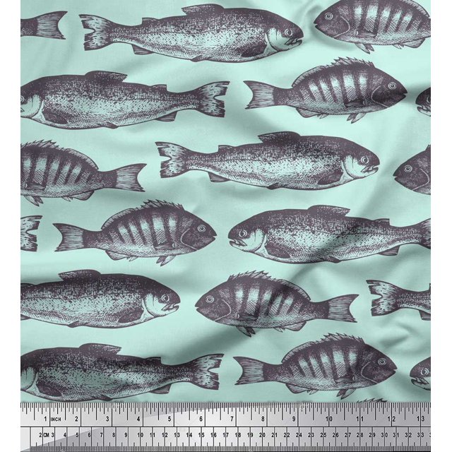 Soimoi Green Poly Georgette Fabric Fish Ocean Print Sewing Fabric Yard 52 Inch Wide