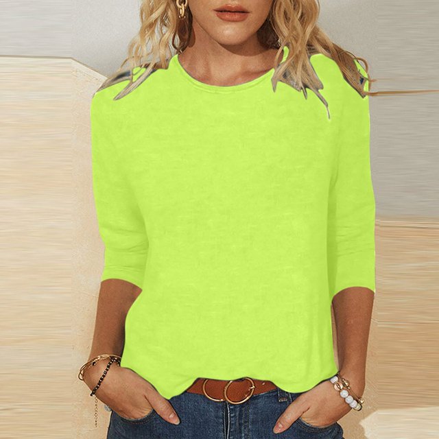 CHUANK T-Shirt Ajusté à Col Rond Mignon pour Femmes, Décontracté, Mi-Long, Manches 3/4, Blouse Extensible, Basique, Uni, Hauts