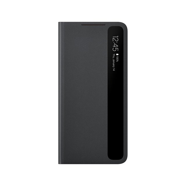 For Samsung S21 Smart View Flip Mirror Case in black, designed for Galaxy S21 Plus and S21 Ultra 5G. This flip case features a plain design with an LED S-View display for quick notifications and time display. Compatible with Samsung devices, model EF-ZG998, ideal for protecting your phone while maintaining functionality.