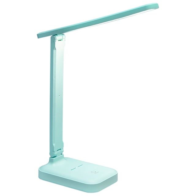 New Desk Lamp, Student Specific Eye Protection LED, Children's Learning and Reading Light, Bedroom Bedside Light. This compact desk lamp features a sleek, adjustable arm and foldable head in a light teal finish. It includes a built-in USB port for charging devices, a touch-sensitive control panel, and customizable lighting with three color temperatures and stepless dimming. The base is equipped with a mobile phone bracket for added convenience.