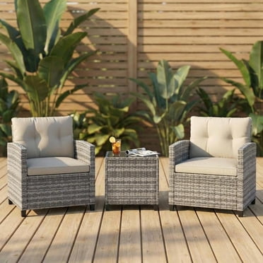Ensemble de Mobilier de Patio Moderne 3 Pcs, Ensemble de Conversation de Patio en Rotin PE avec Plateau de Table en Verre Trempé, Ensemble de Chaises et Table d'Extérieur en Osier pour Patio, Balcon, Jardin, Gris et Beige