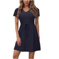 thumbnail image 1 of Dvprdro Robe d'Été Décontractée Unie à Manches Courtes pour Femme, Mode Élégante, Col en V, à Nouer, Robe Courte de Plage et Soleil, 1 of 5