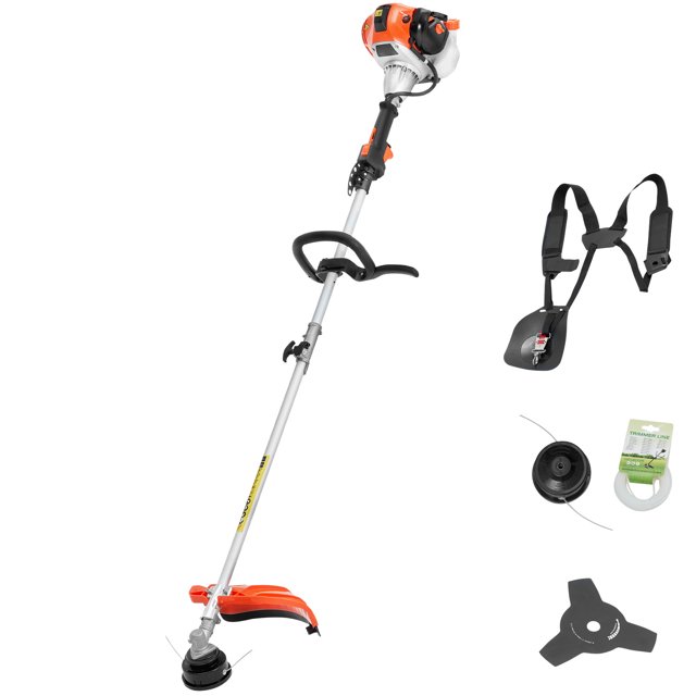 KFFKFF String Trimmer, 25.2CC 2-Stroke, gas-powered weed wacker with a 16.9-inch cutting diameter. Features a dual-purpose design with a nylon string head for precise trimming and a 3T steel blade for tougher grass and small bushes. Includes an ergonomic U-shaped handle, adjustable height, and a double shoulder strap for comfort. Comes with a 550ml fuel tank for up to 60 minutes of operation, safety glasses, ear muffs, and additional accessories for setup and maintenance.