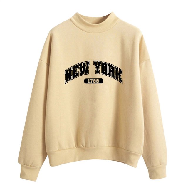 HNMKIU Women's Tops Autumn Winter O Neck Solid Color Printed Long Sleeve Pullover Sweatshirt