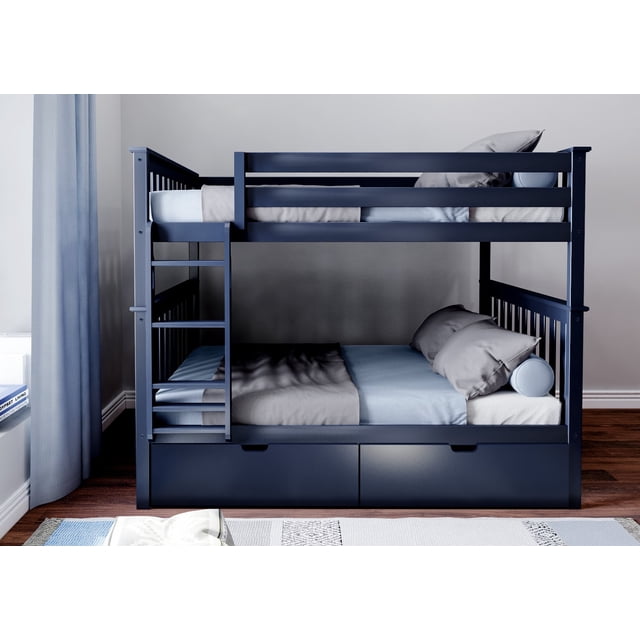 BEDSMART Lits Superposés Double sur Double en Bois Massif avec Tiroir-Lit / Bleu