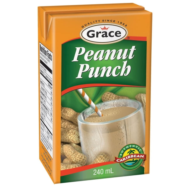 Grace Peanut Punch 240ml box displaying a creamy peanut beverage in a clear glass with an orange and white striped straw, surrounded by peanuts in shells, with green and orange packaging highlighting its authentic Caribbean flavor and use as a convenient meal replacement shake.